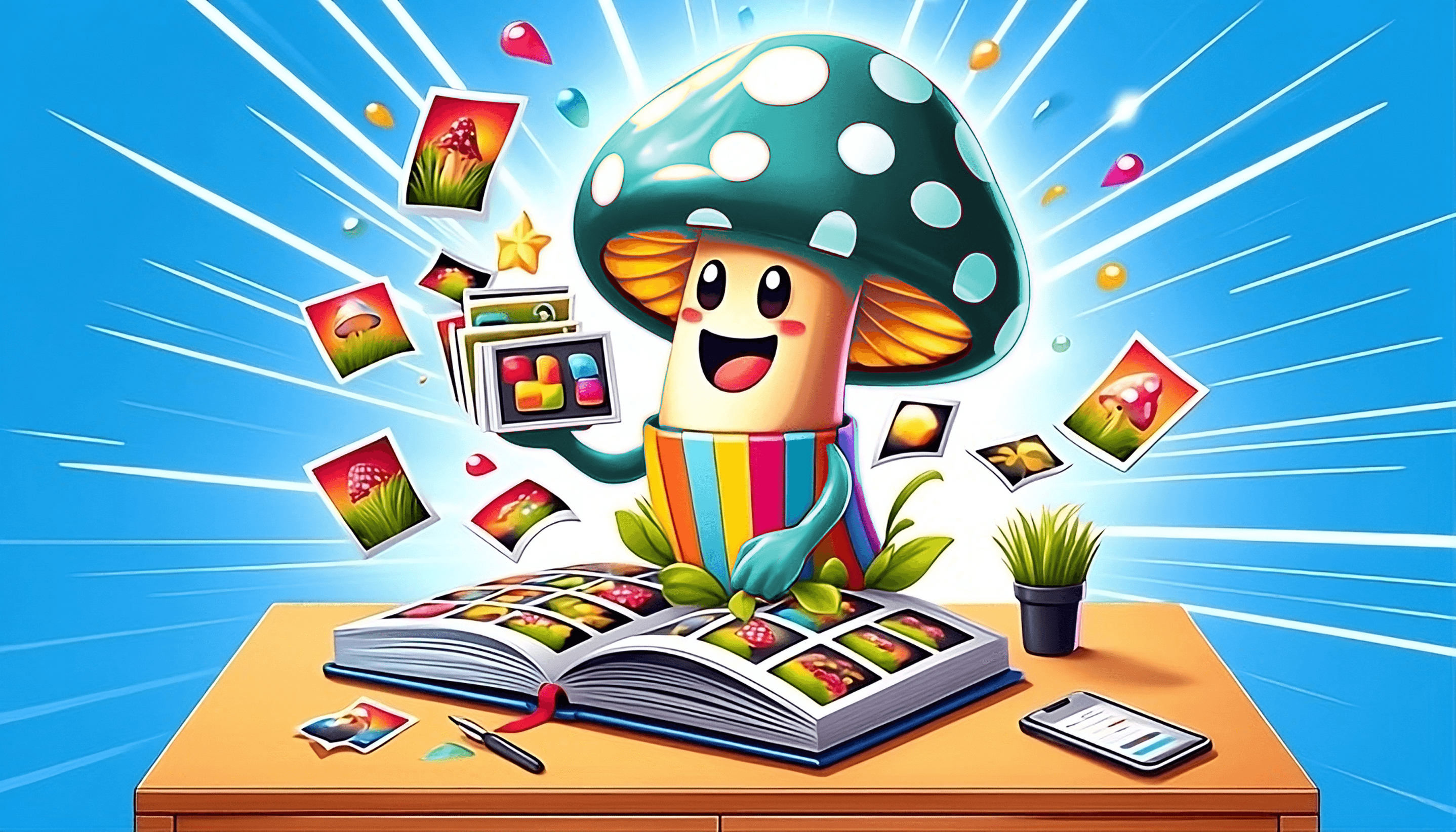 Pictastic.ai mushroom mascot fliping through a photo album